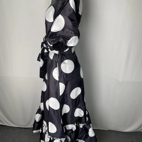 NEW NANCY YANG  Women’s Maxi Dress Black/White Size L Polka Dot Ruffle Belted - Picture 7 of 9